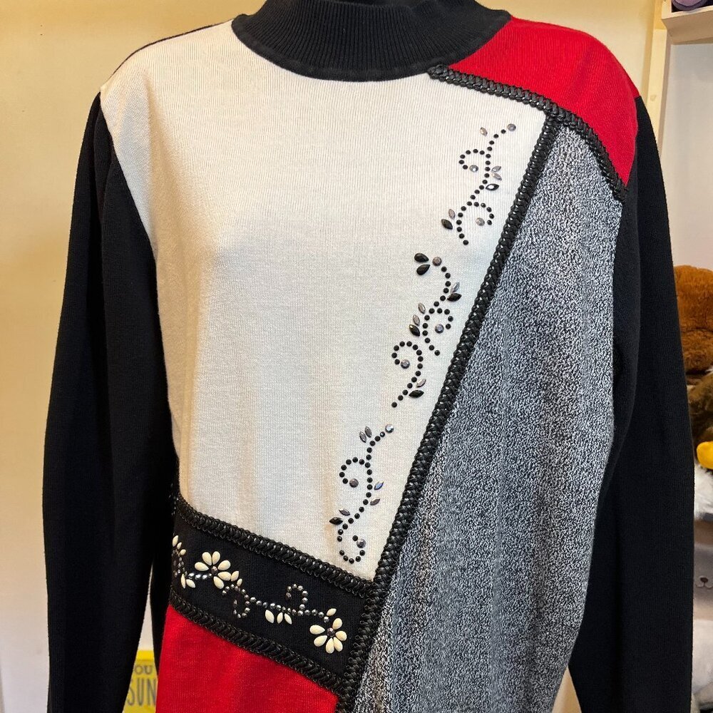 Alfred Dunner Colorblock Floral Applique Embellished Mock Neck Sweater Large